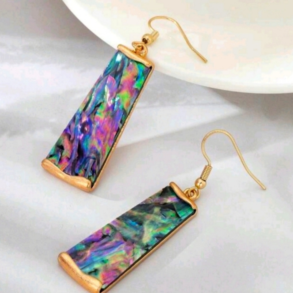 Multicolor Abalone Shell Inlay & Gold   Drop Iridescent Dangle Earrings